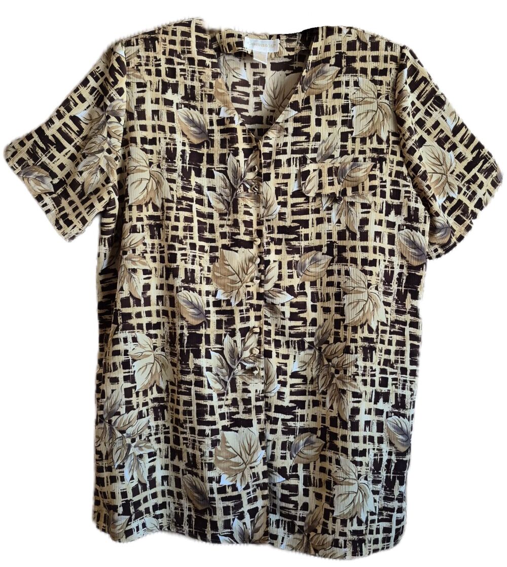 Christie & Jill Women's Blouse Size 1X Classic Black Brown Floral Flattering Top